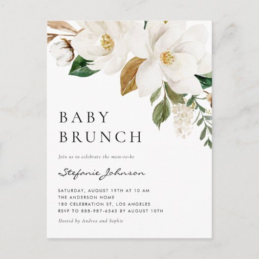 Invitation Carte Postale Aquarelle Blanc Magnolia Rustique Bébé Brunch (Devant)