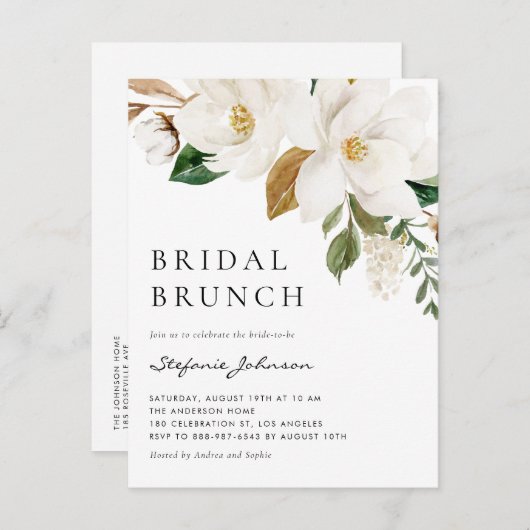 Invitation Carte Postale Aquarelle Blanc Magnolia Rustique Bridal Brunch (Devant / Derrière)