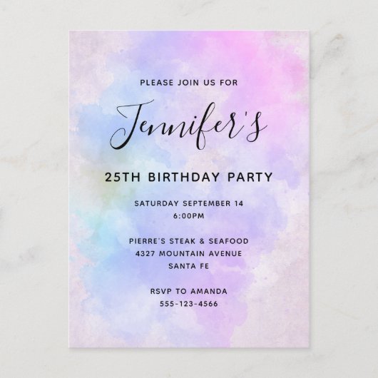 Invitation Carte Postale Aquarelle bleu violet élégant Anniversaire (Devant)