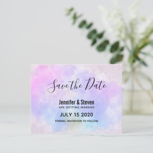 Invitation Carte Postale Aquarelle bleu violet élégant Enregistrer la date (Debout devant)