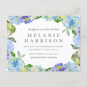 Invitation Carte Postale Aquarelle bleue Hydrangea Fête des mariées de cour
