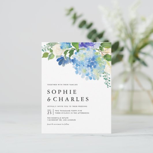 Invitation Carte Postale Aquarelle bleue Hydrangea QR Code Mariage (Debout devant)