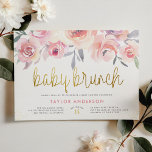 Invitation Carte Postale Aquarelle Bleue Rose Verdure Bébé Brunch Douche<br><div class="desc">Fêtez l'arrivée prochaine de votre petite fille avec ces beaux invitations! Un design chic et élégant avec un bouquet de roses d'aquarelle rose vif et de feuillage. Vos détails de douche apparaissent ci-dessous avec "baby brunch" en calligraphie or. Au bas de cet invitation, il y a la parties scintillant faux...</div>