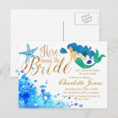 Invitation Carte Postale Aquarelle bleue sous l'eau douce sirène texte doré (Devant / Derrière)