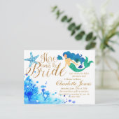 Invitation Carte Postale Aquarelle bleue sous l'eau douce sirène texte doré (Debout devant)