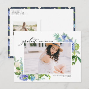 Invitation Carte Postale Aquarelle Blue Hydrangea Frame Photo Graduation
