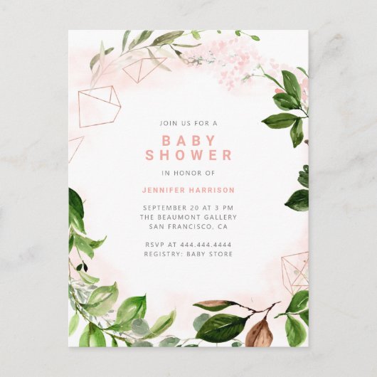 Invitation Carte Postale Aquarelle Blush & Greenery Baby shower (Devant)