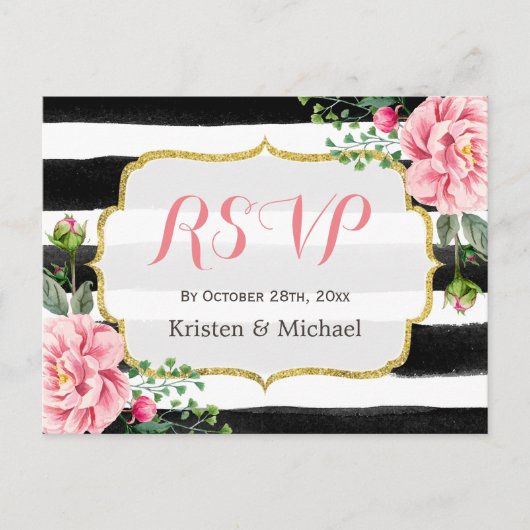 Invitation Carte Postale Aquarelle Blush rose rayures florales RSVP (Devant)
