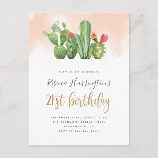 Invitation Carte Postale Aquarelle blush tendance & Cactus 21e anniversaire (Devant)