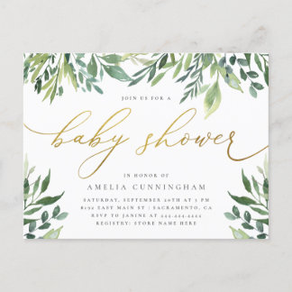 Invitation Carte Postale Aquarelle Botanique Baby shower de calligraphie or