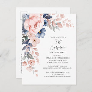 Invitation Carte Postale Aquarelle botanique rose 75e anniversaire