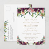 Invitation Carte Postale Aquarelle Bourgogne Blanc Or Mariage Floral (Devant / Derrière)