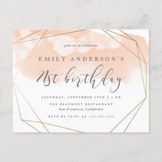 Invitation Carte Postale Aquarelle chic Blush Géométrique 21e anniversaire
