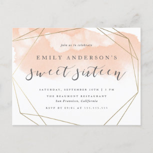 Invitation Carte Postale Aquarelle chic Blush or Géométrique Sweet 16