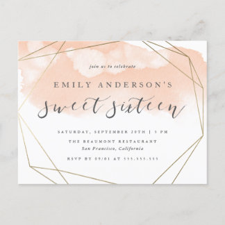 Invitation Carte Postale Aquarelle chic Blush or Géométrique Sweet 16