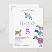 Invitation Carte Postale Aquarelle de chèvre Filles fête d'anniversaire vio (Devant / Derrière)