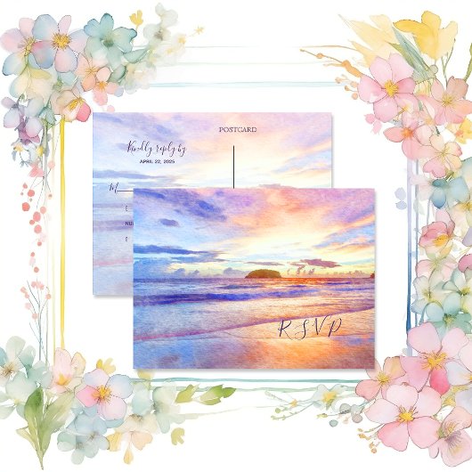 Invitation Carte Postale Aquarelle de plage rose soleil RSVP