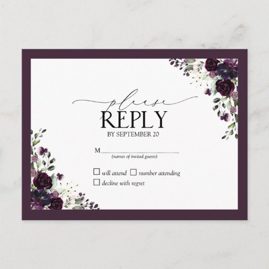 Invitation Carte Postale Aquarelle de prune mauve-mauve Mariage floral RSVP (Devant)