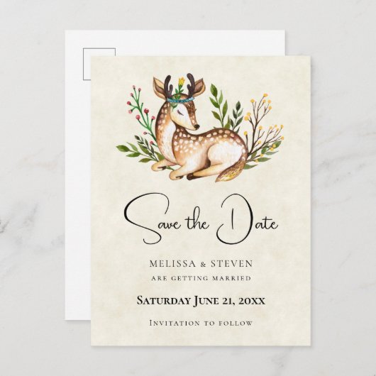 Invitation Carte Postale Aquarelle Deer Laying Down Boho Enregistrer la dat (Devant / Derrière)