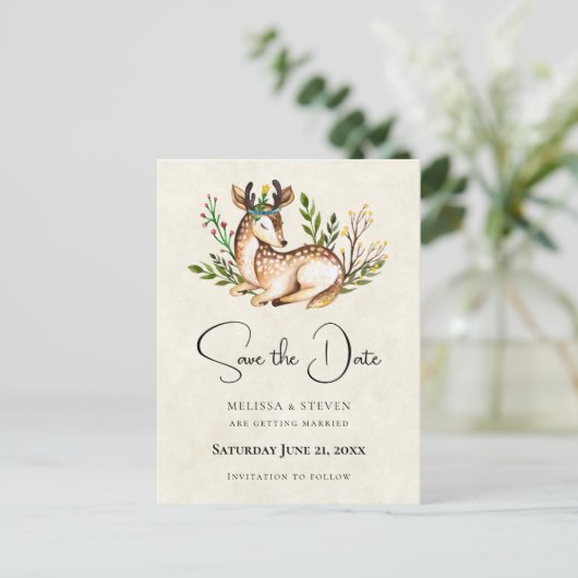 Invitation Carte Postale Aquarelle Deer Laying Down Boho Enregistrer la dat (Debout devant)