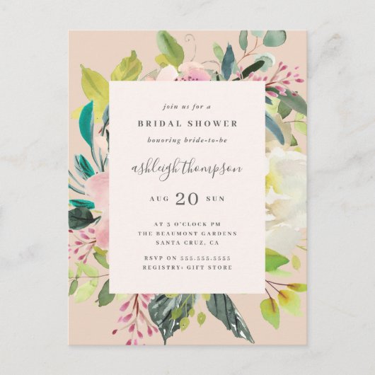 Invitation Carte Postale Aquarelle douce Pastel Fête des mariées florale (Devant)