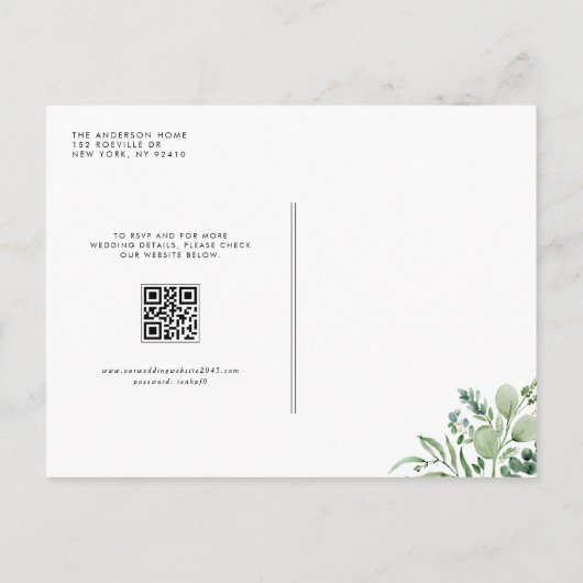 Invitation Carte Postale Aquarelle Eucalyptus Verdure QR Code Mariage (Dos)