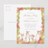 Invitation Carte Postale Aquarelle Feuilles et animaux de bois Anniversaire (Devant / Derrière)