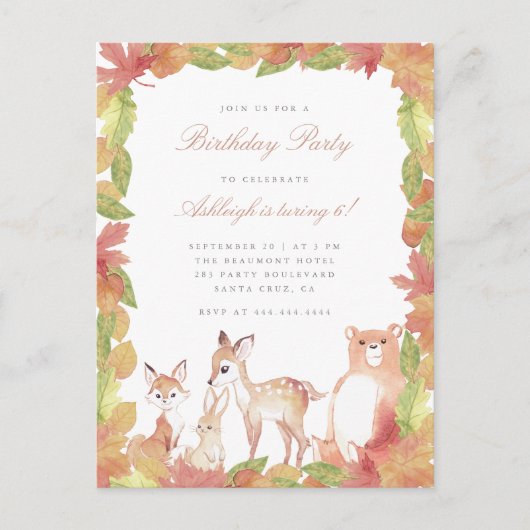 Invitation Carte Postale Aquarelle Feuilles et animaux de bois Anniversaire (Devant)