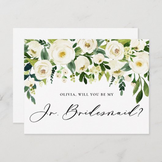 Invitation Carte Postale Aquarelle Fleurs blanches Jr. Bridesmaid Propositi (Devant / Derrière)