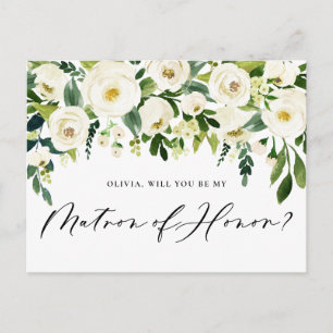 Invitation Carte Postale Aquarelle Fleurs blanches Matron d'honneur Proposi