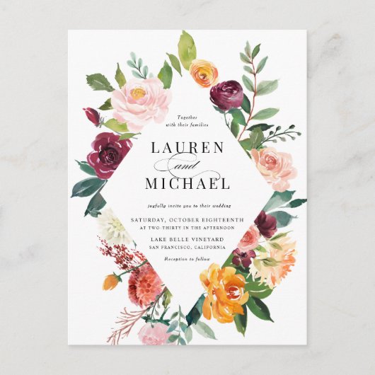 Invitation Carte Postale Aquarelle Fleurs d'automne Cadre QR Code Mariage (Devant)