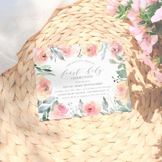 Invitation Carte Postale Aquarelle Fleurs & Foliage Première communion sain