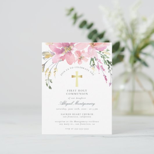 Invitation Carte Postale Aquarelle Fleurs Roses Rouges Première Communion S (Debout devant)