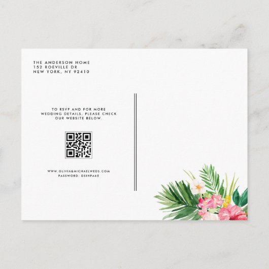 Invitation Carte Postale Aquarelle Fleurs tropicales Mariage de code QR (Dos)