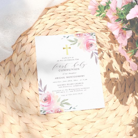 Invitation Carte Postale Aquarelle Floral Gold Cross Première communion sai