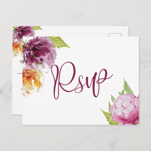 Invitation Carte Postale Aquarelle Floral Mariage Choix de repas Rsvp (Devant / Derrière)
