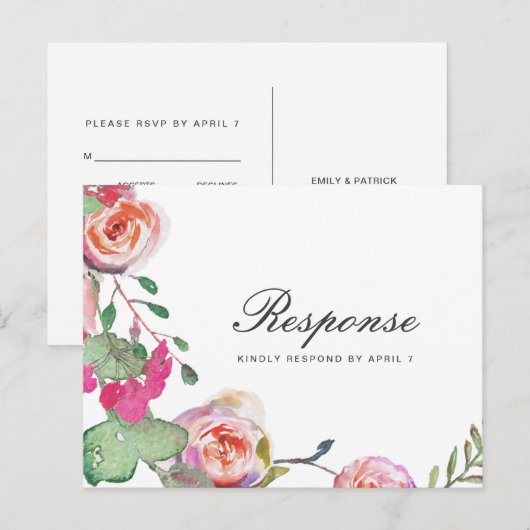 Invitation Carte Postale Aquarelle Florale RSVP avec choix de repas (Devant / Derrière)