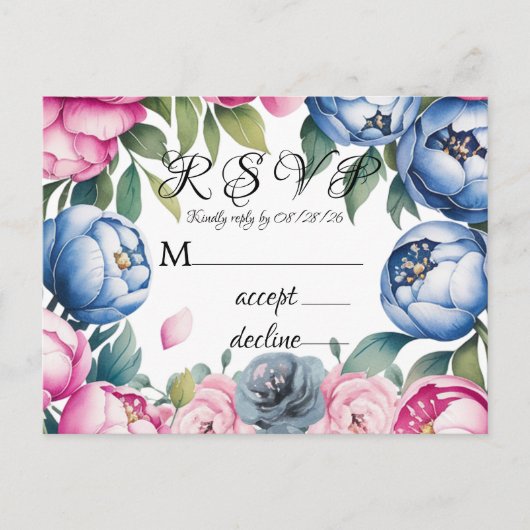 Invitation Carte Postale Aquarelle Mariage Arch rose et bleu RSVP (Devant)