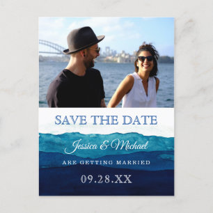 Invitation Carte Postale Aquarelle Marine Bleu Profond Photo Enregistrer la