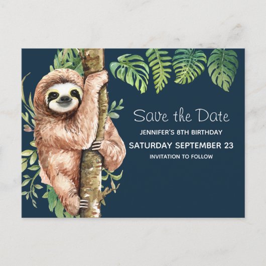 Invitation Carte Postale Aquarelle mignonne Sloth & Feuilles tropicaux STD (Devant)