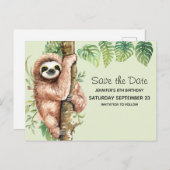 Invitation Carte Postale Aquarelle mignonne Sloth & Feuilles tropicaux STD (Devant / Derrière)