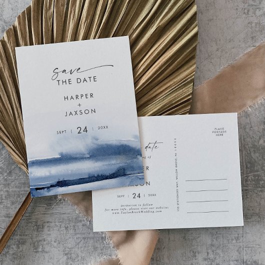 Invitation Carte Postale Aquarelle moderne | Bleu Enregistrer la date