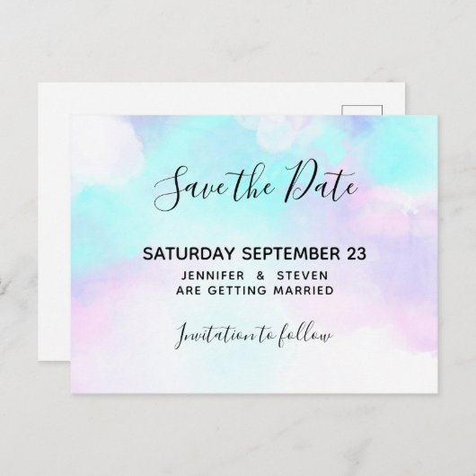 Invitation Carte Postale Aquarelle moderne bleu & violet Enregistrer la dat (Devant / Derrière)