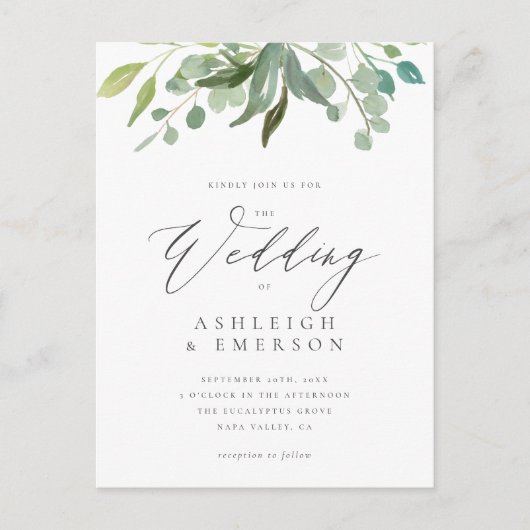 Invitation Carte Postale Aquarelle moderne Eucalyptus Mariage de verdure (Devant)