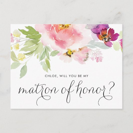 Invitation Carte Postale Aquarelle Pastel Floral Be My Matron of Honor (Devant)