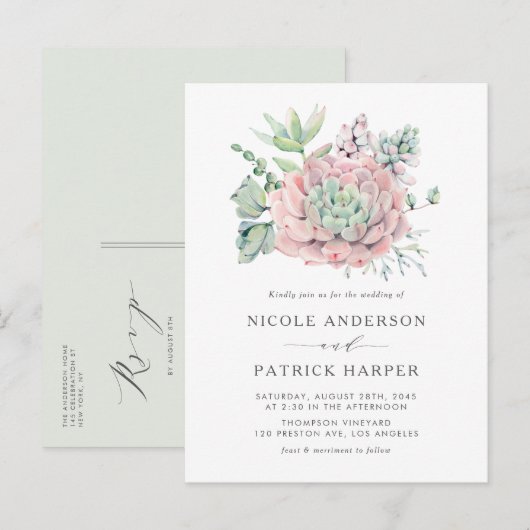 Invitation Carte Postale Aquarelle Pastel Succulents Mariage (Devant / Derrière)