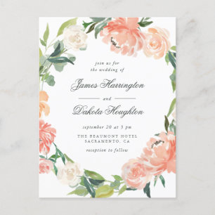 Invitation Carte Postale Aquarelle Peonés & Eucalyptus Mariage de couronne