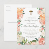 Invitation Carte Postale Aquarelle Peonies et Roses première sainte communi (Devant / Derrière)