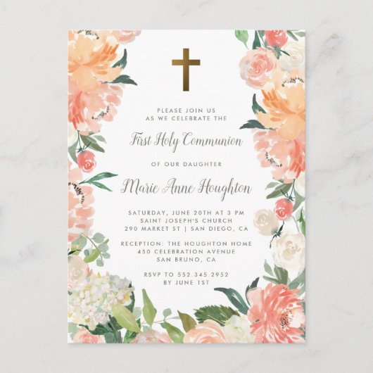 Invitation Carte Postale Aquarelle Peonies et Roses première sainte communi (Devant)