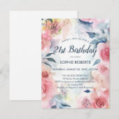 Invitation Carte Postale Aquarelle romantique rouge rose florale 21e annive (Devant / Derrière)